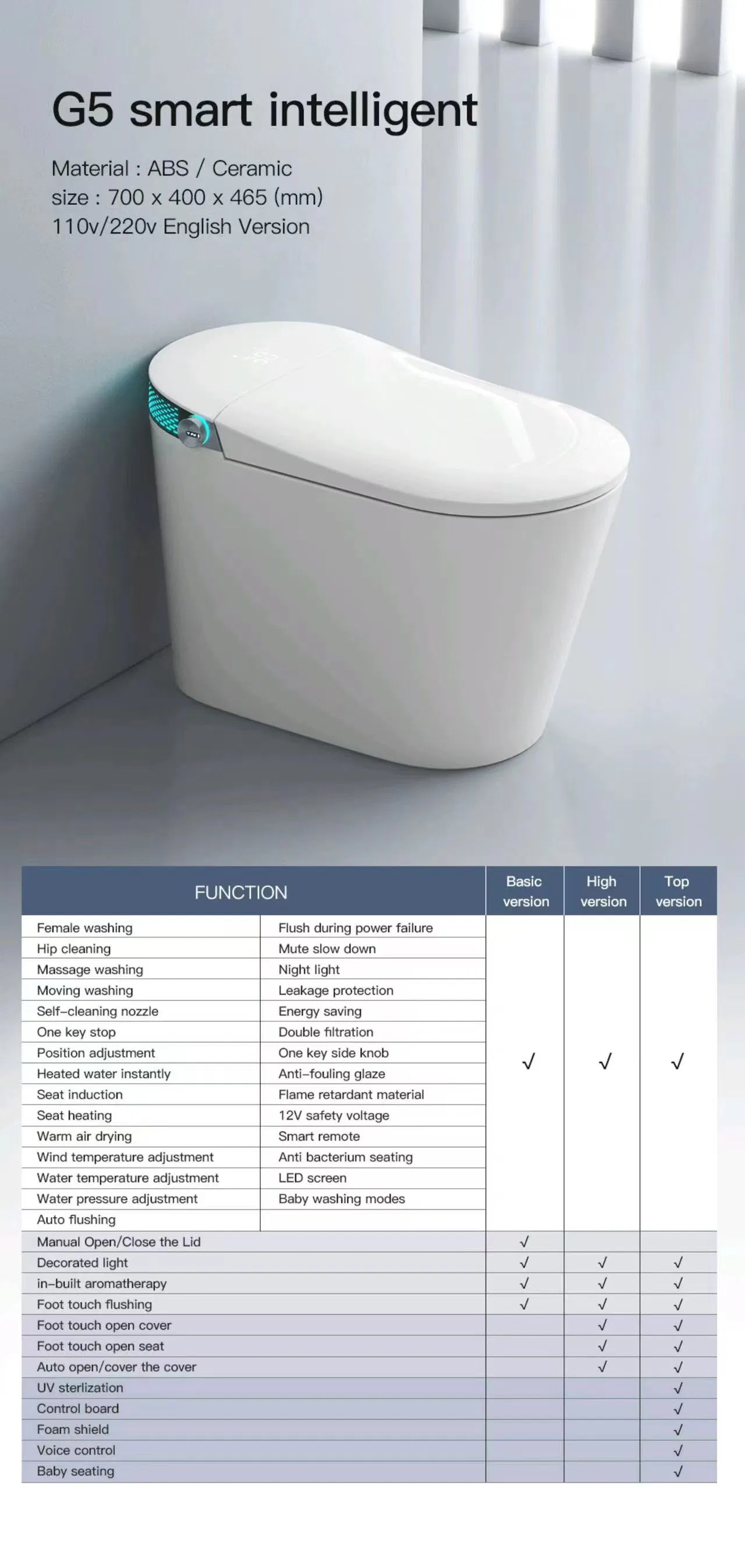 G5 White Smart Toilet, One Piece Toilet, Bidet Washing
