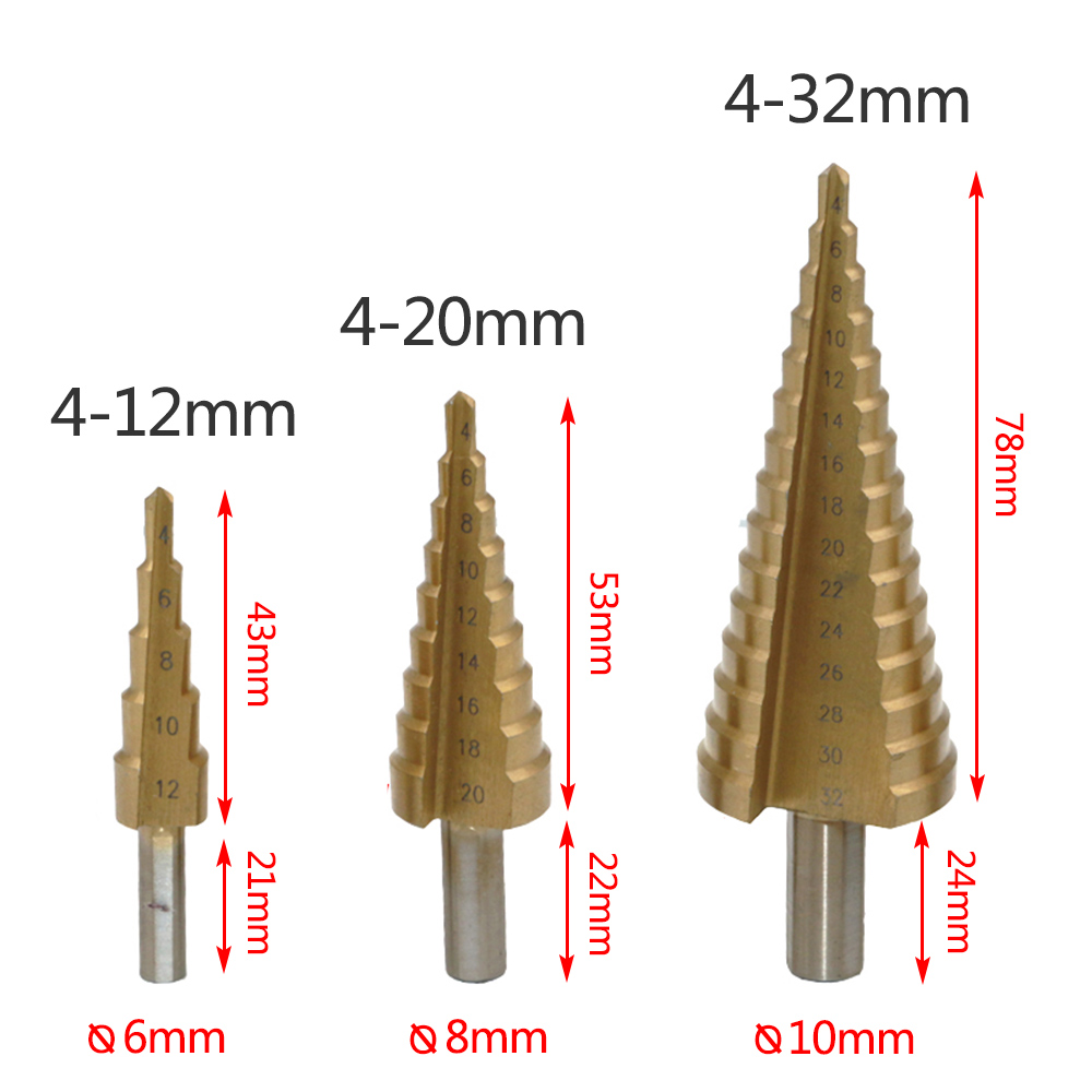 4-12mm / 4-20 / 4-32 Triangular Handle Straight groove Step Drill Set 3-piece Step Drill Pagoda Drill