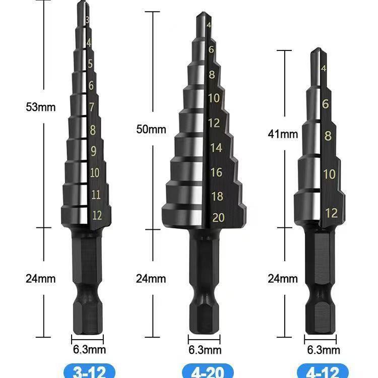 3 Pieces Set High Speed Steel Nitride Black Straight groove Step Drill 3-12/4-12/4-20mm Woodworking