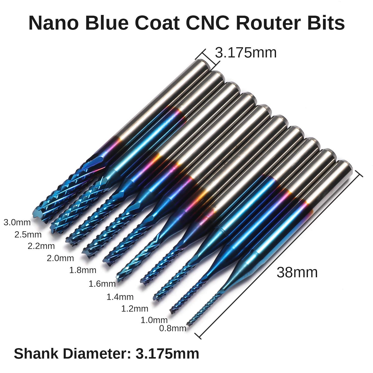 RUIMENG End Mills CNC Router Bits 1/8" Shank 2-Flute Flat Nose Ball Nose Nano Blue Titanium Coat 17mm Effective Length