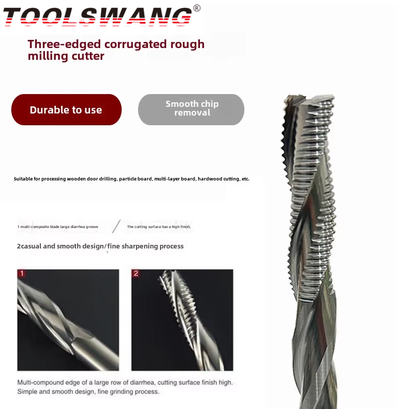 TOOLSWANG 3-Flute Carbide Roughing End Mill Wood Door Threaded Lock Hole Cutter Wave-Edge Climb Milling Uncoated 55HRC