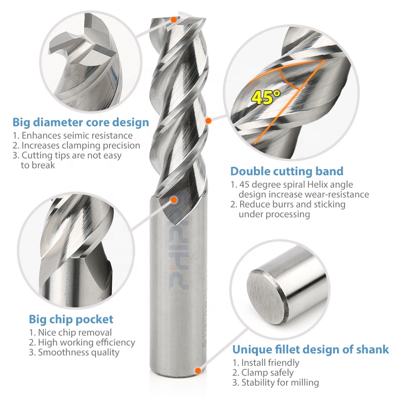 PHIPPS HRC 55 3 Flute Uncoated Endmill Aluminum Tungsten Carbide Square End Mill Cutter for Aluminum