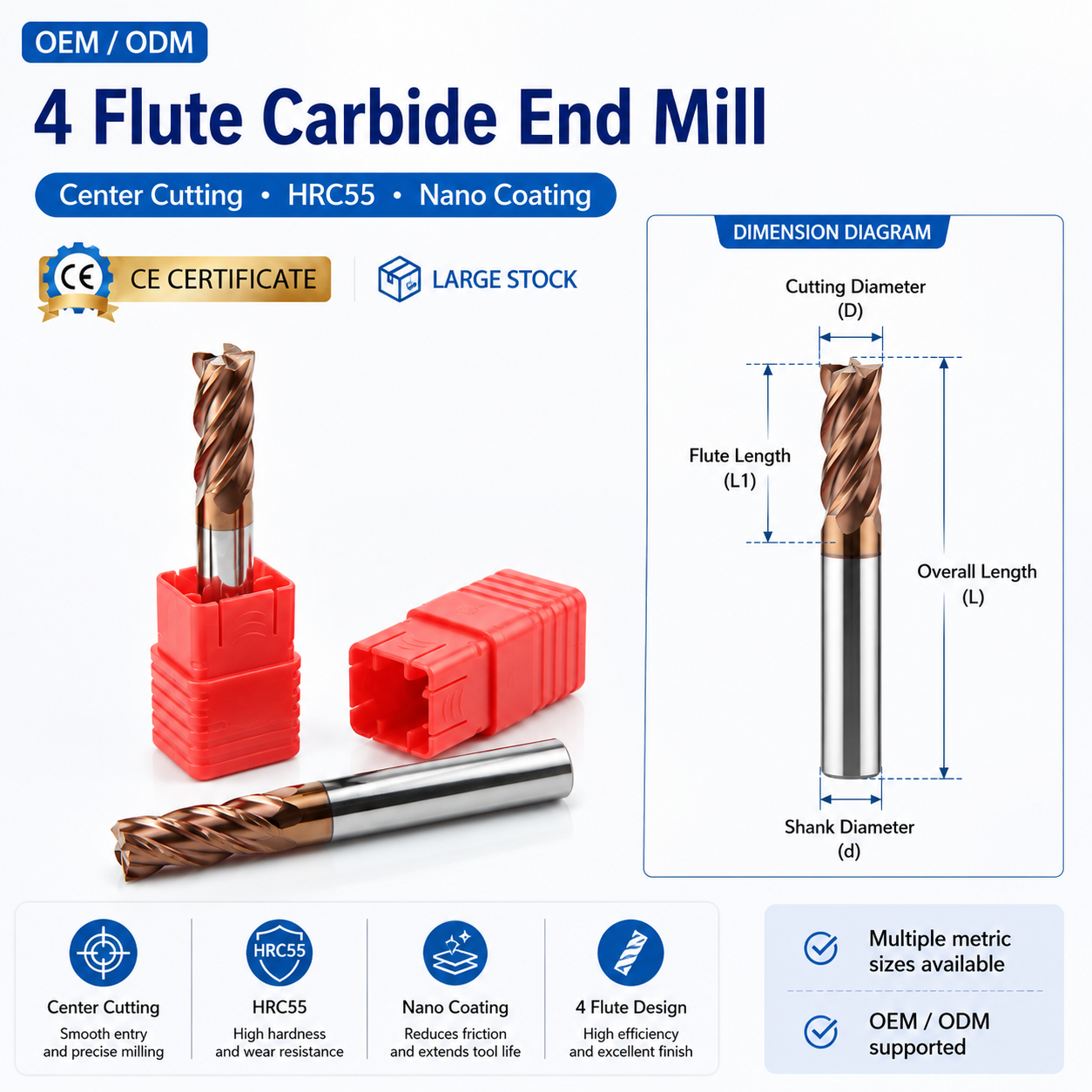55HRC End Mill Flat Tungsten Carbide 4 Flute End Mill for Mould Die Steel Milling Cutting Carbide End Mills