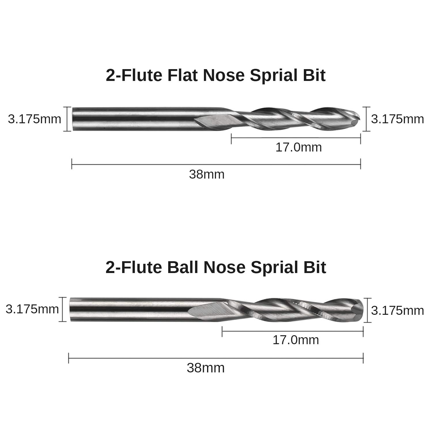 RUIMENG End Mills CNC Router Bits 1/8" Shank 2-Flute Flat Nose Ball Nose Nano Blue Titanium Coat 17mm Effective Length