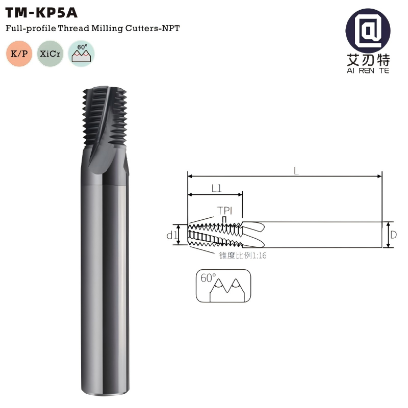 OEM/ODM Customizable Solid Carbide NPT-D8 Thread Mill, Full Profile TM-KP5A 1/8-27 for CNC Steel &amp; Cast Iron Pipe Threading