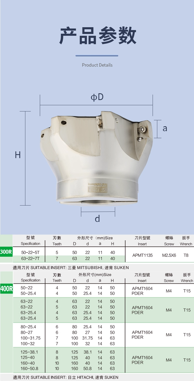 Indexable 90 Face Mill Cutter 400R Square Shoulder Milling Compatible APMT1604 Alloy Steel Inserts Uncoated CNC ODM OEM