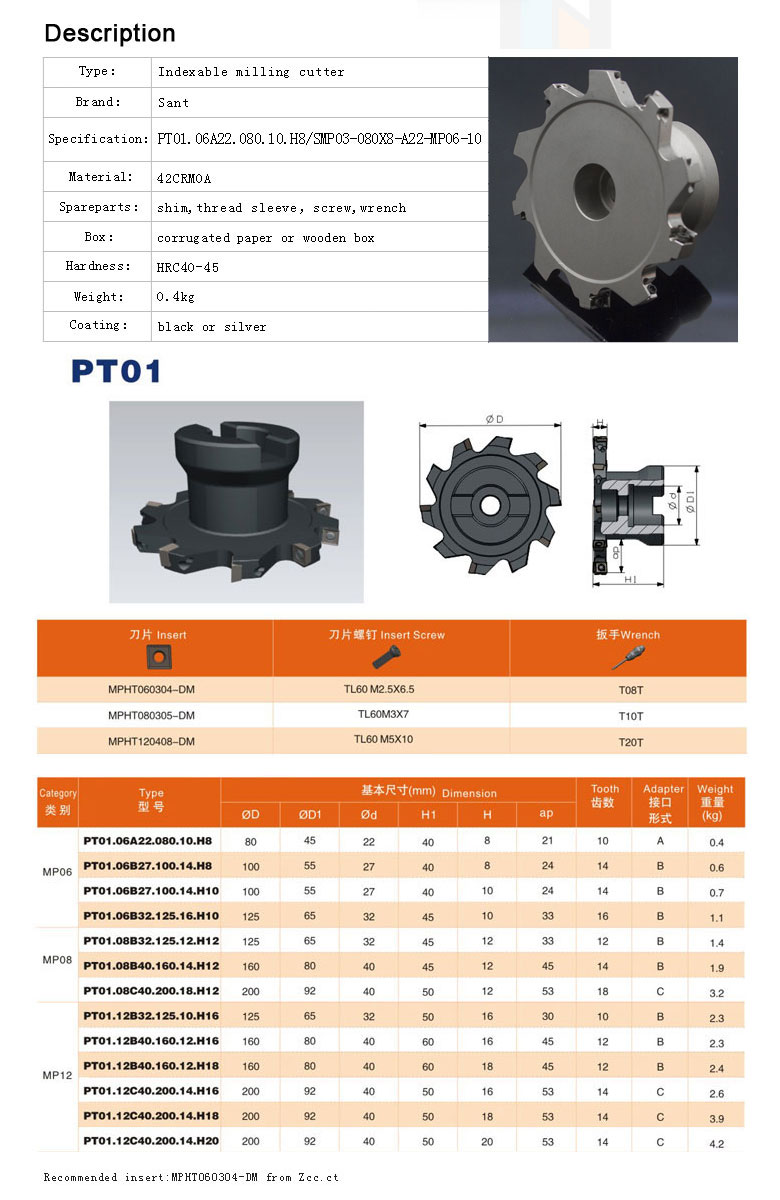 Indexable Milling Cutter Side and Face Mill with Inserts MPHT060304-DM