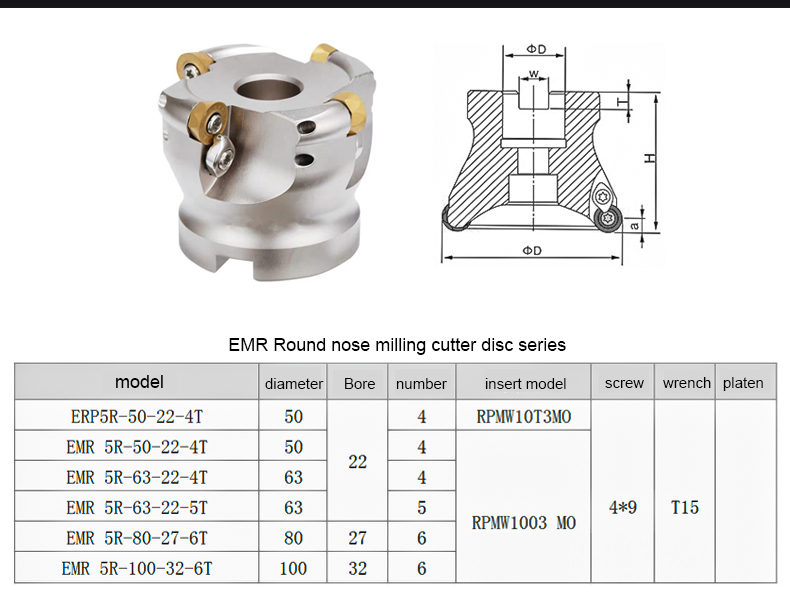 EMR5R 4T/6T Indexable Face Mill Cutter, End Milling Cutter, for RPMW Inserts
