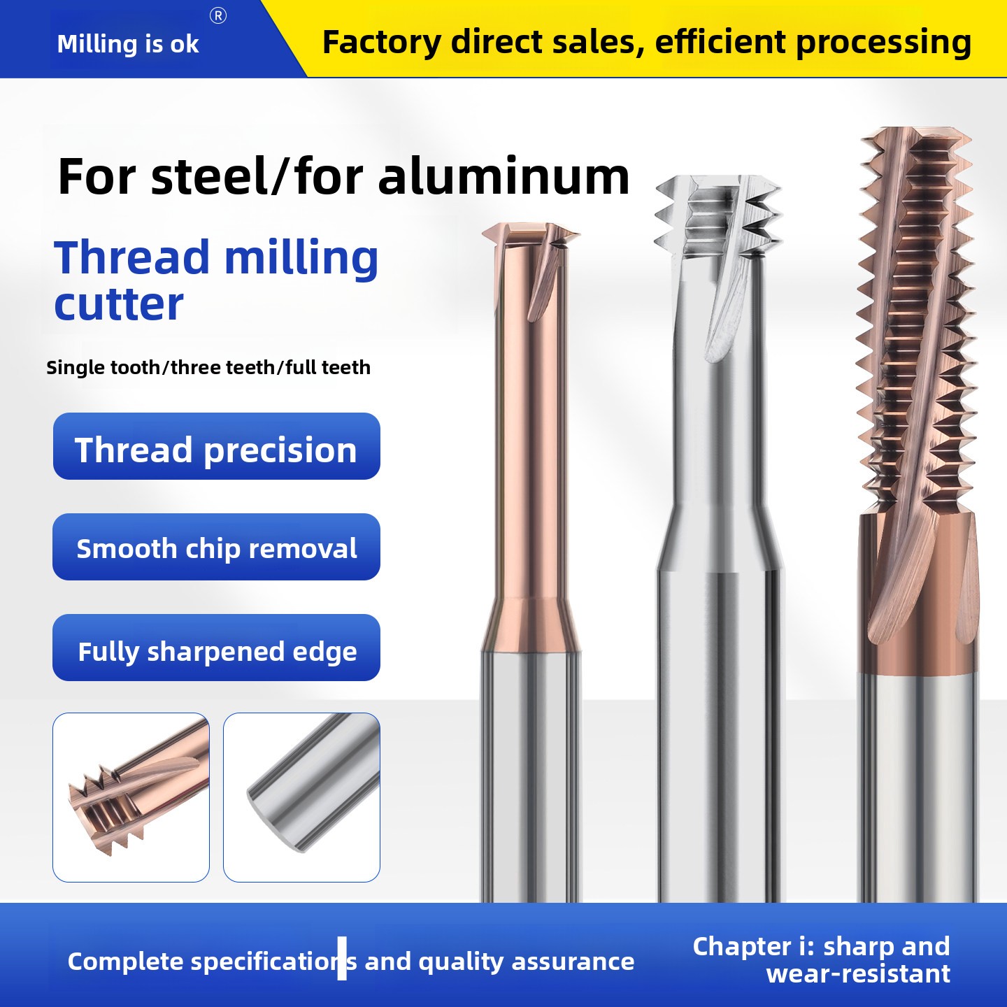 Metric Coated Carbide Thread Millsingle-flute Three-flute Full-thread; for Steel Aluminum; CNC Milling Tap