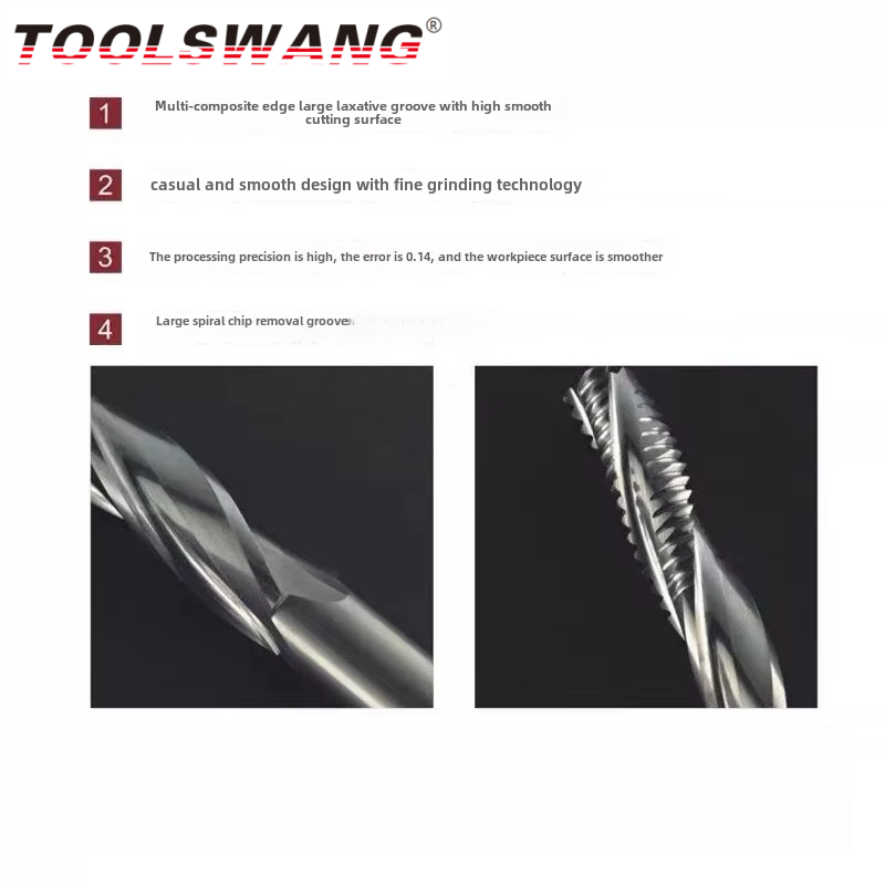 TOOLSWANG 3-Flute Carbide Roughing End Mill Wood Door Threaded Lock Hole Cutter Wave-Edge Climb Milling Uncoated 55HRC