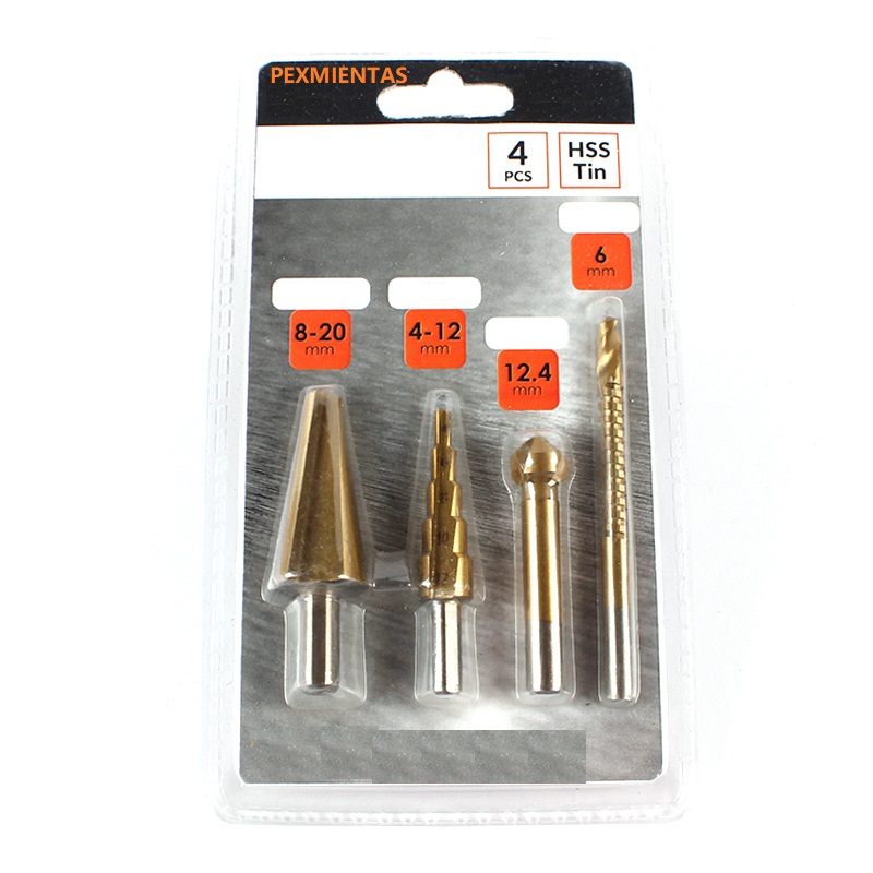 Pexmientas 4PCS HSS Tin Straight Groove Spiral Screw Metric Composite Tap Twist Cutting Drilling Polishing Tools Step Drill Bit