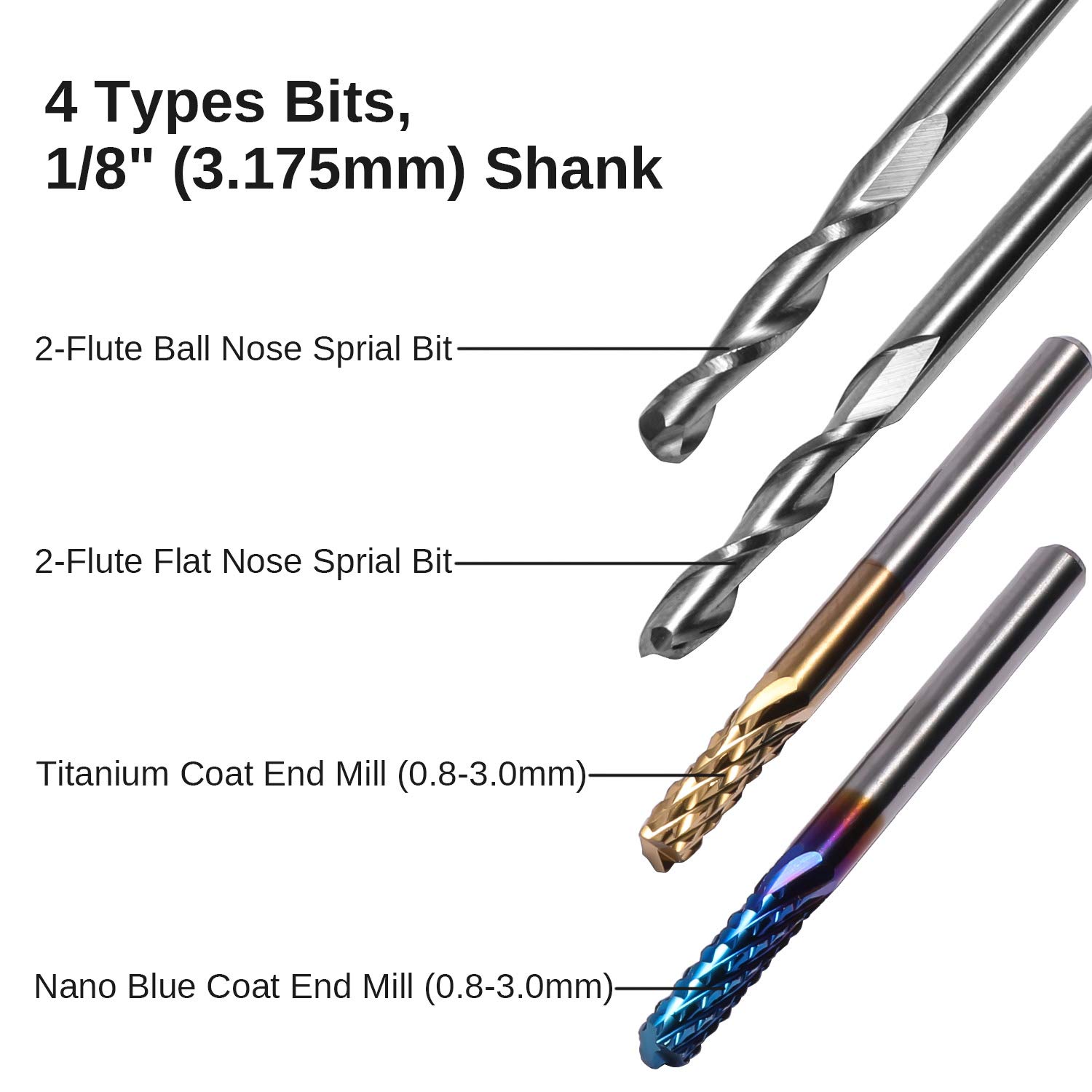 RUIMENG End Mills CNC Router Bits 1/8" Shank 2-Flute Flat Nose Ball Nose Nano Blue Titanium Coat 17mm Effective Length