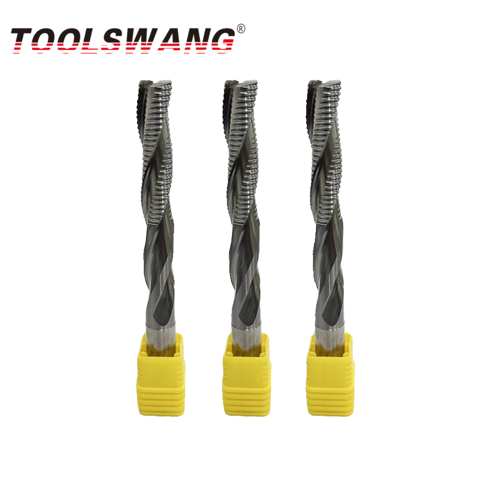 TOOLSWANG 3-Flute Carbide Roughing End Mill Wood Door Threaded Lock Hole Cutter Wave-Edge Climb Milling Uncoated 55HRC