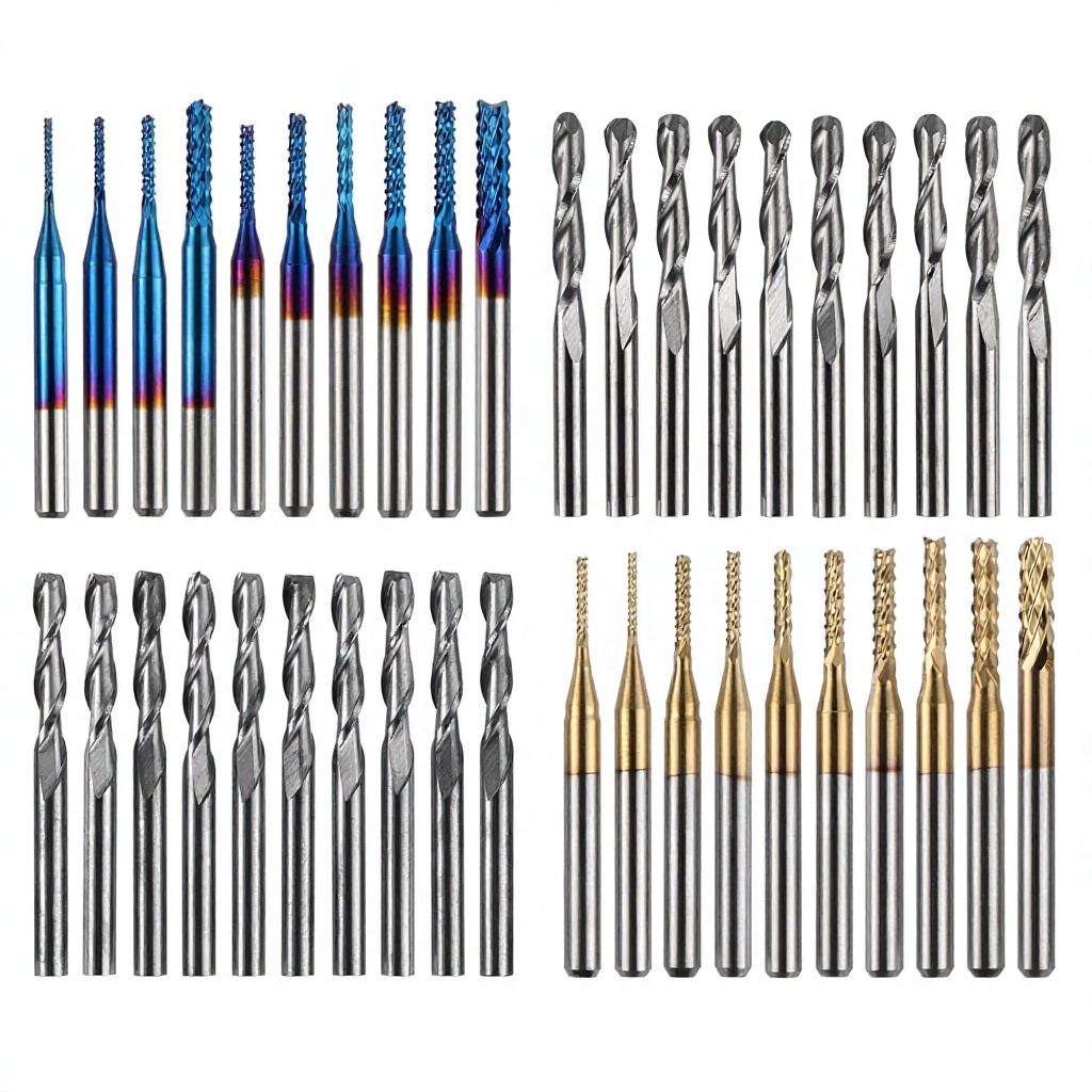 RUIMENG End Mills CNC Router Bits 1/8" Shank 2-Flute Flat Nose Ball Nose Nano Blue Titanium Coat 17mm Effective Length