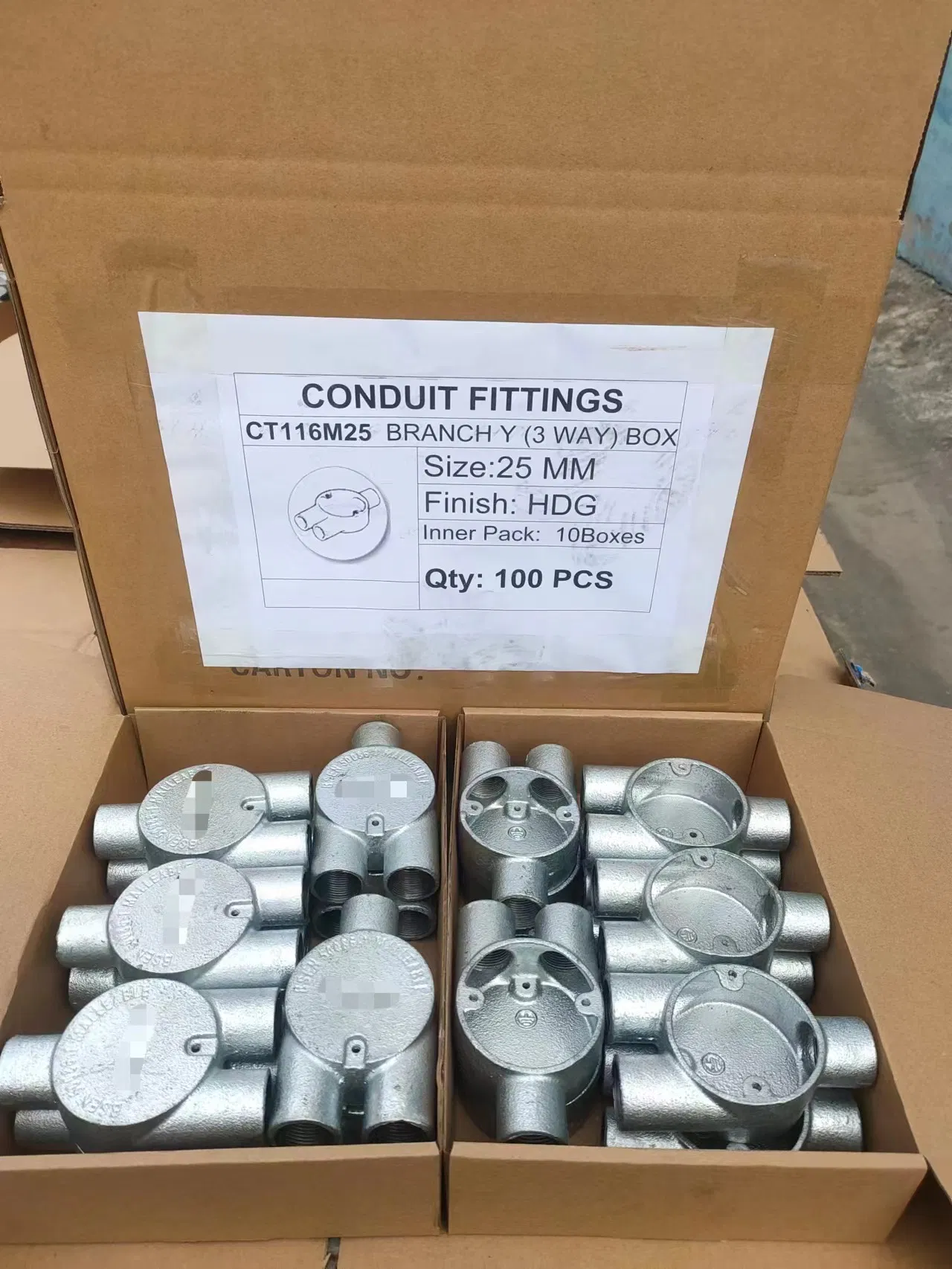 BS4568/En61386 Malleable Iron Y Box 3 Way Circular Boxes Steel HDG 25mm