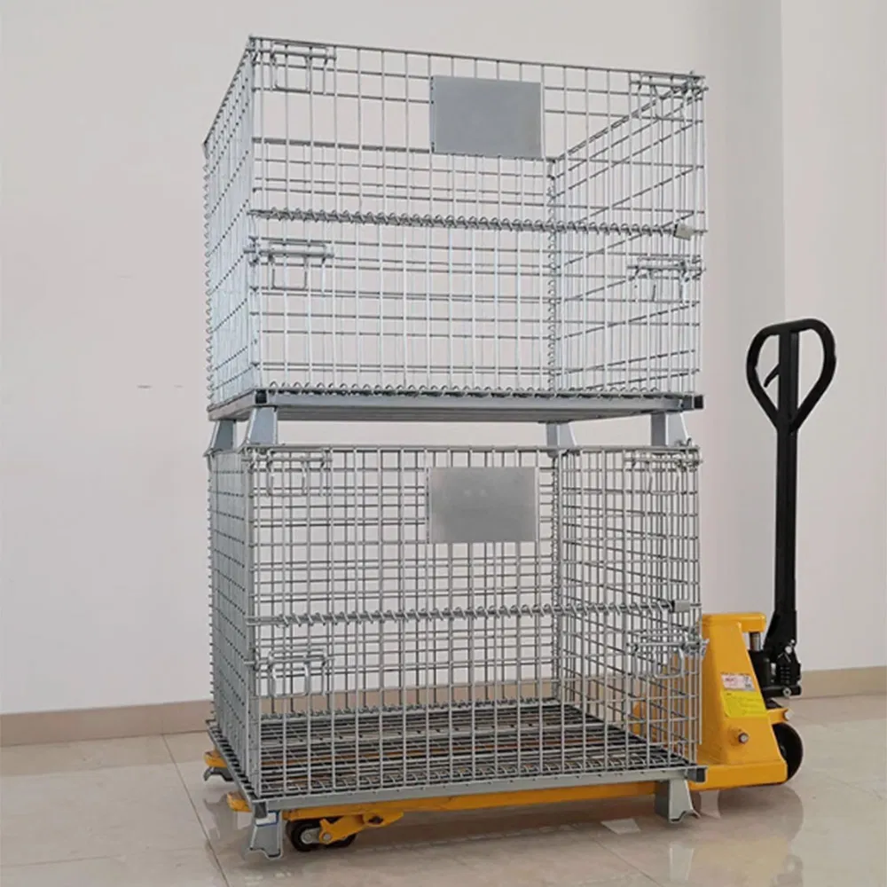 Collapsible Foldable Stackable Warehouse Bulk Heavy Duty Metal Steel Cage Galvanized or Welded Stillage Wire Mesh Roll Storage Container with Door and Wheels