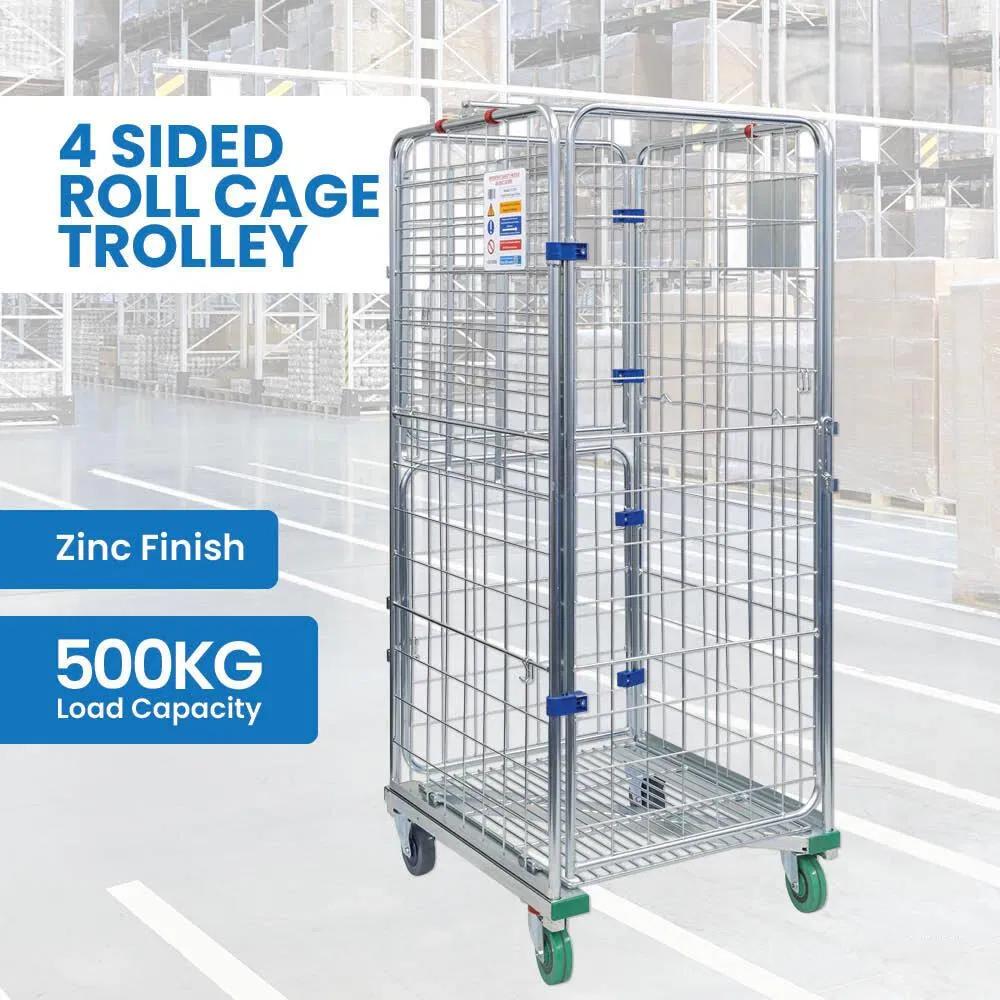 4 Sided Galvanized Storage Wire Mesh Roll Cage Trolley