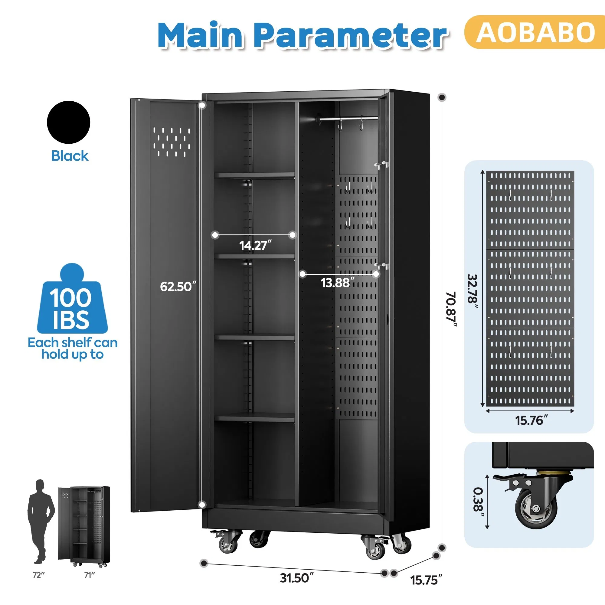 Rolling Tool Cabinet Metal Storage Cabinet with Doors &amp; 4 Adjustable Shelves