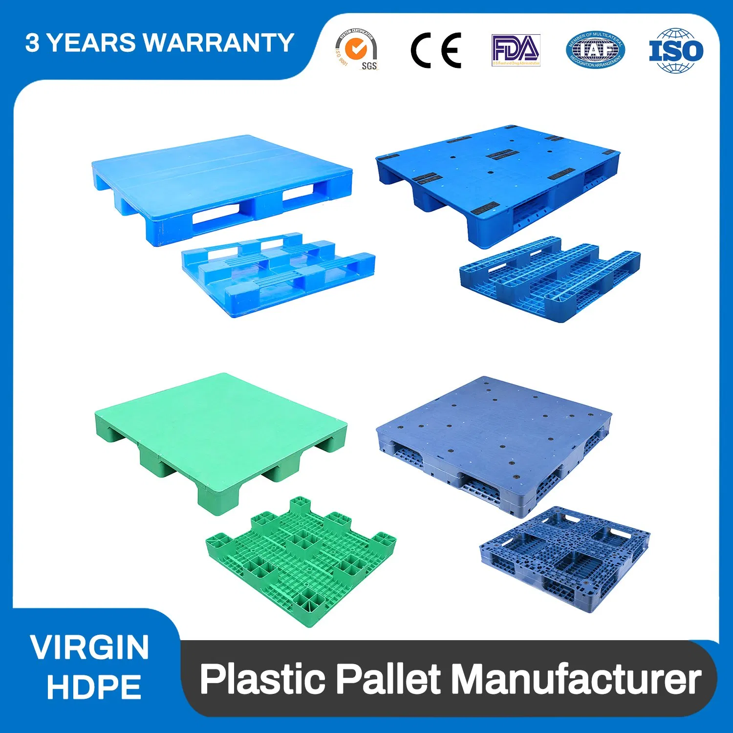 1200*1200mm Heavy Duty Food Grade Hygienic Flat Surface 3 Skids Plastic Pallet for Pharmaceutical Industry