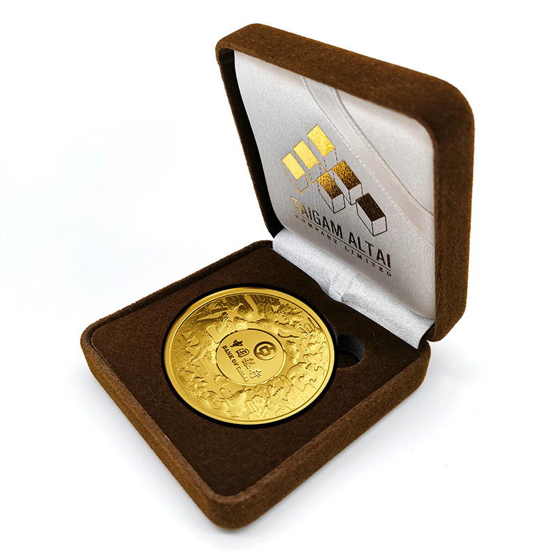 Clamshell Gold and Silver Coins Commemorative Coin Box Medal Key Chain Flannelette Hot Stamping Iron Box Jewelry Medal Badge Packaging Box Wooden Box Customizat