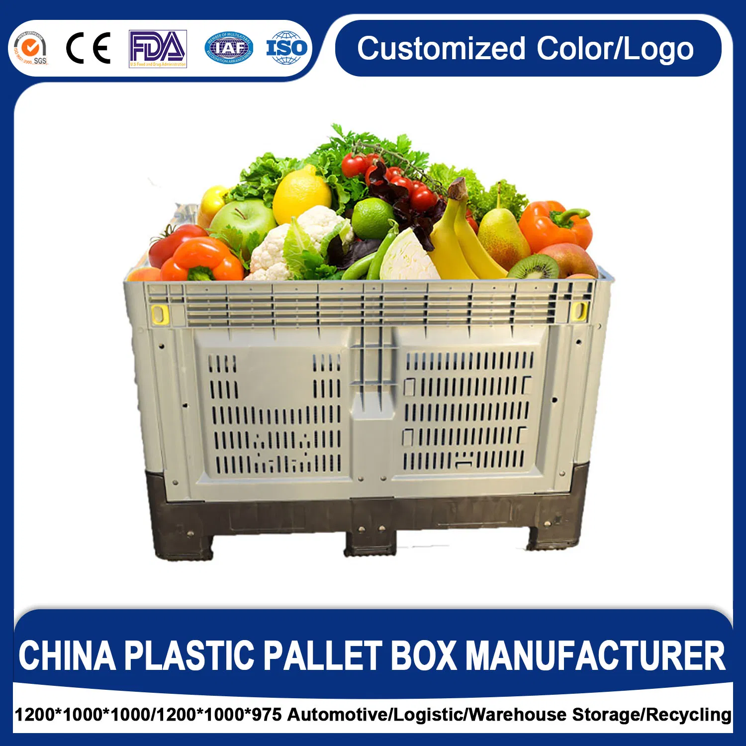 1200*1000*760mm Stackable Customized Size Solid Heavy Duty Big Bulk Crate Storage Bin Large Box Plastic Pallet Container with Lid for Agriculture Industrial