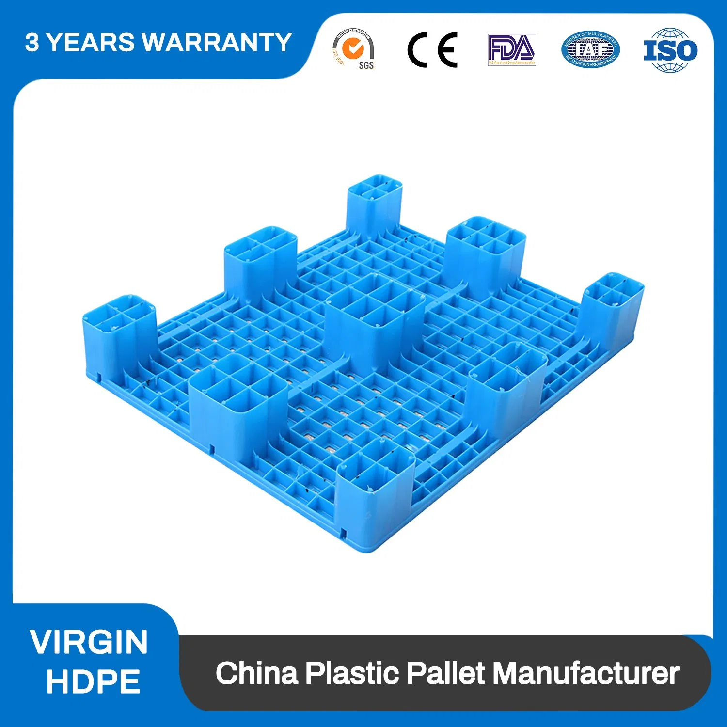 1200*1200mm Heavy Duty Food Grade Hygienic Flat Surface 3 Skids Plastic Pallet for Pharmaceutical Industry