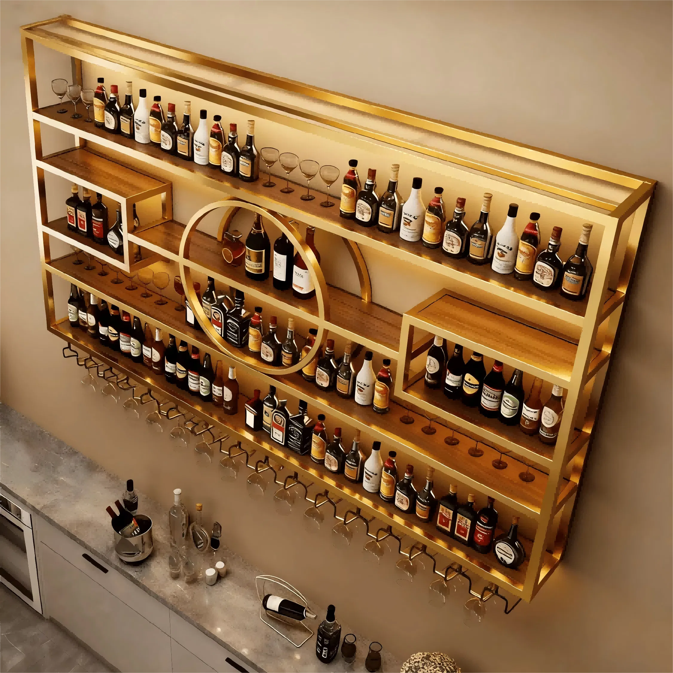 Elegant Wall-Mounted Stainless Steel Liquor Storage Rack with LED Lighting Features