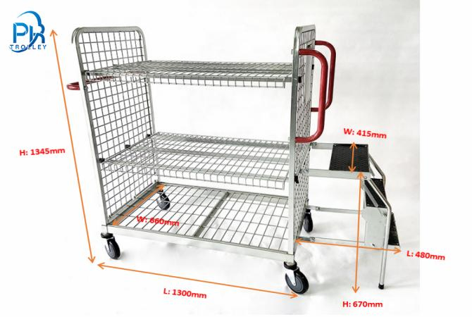 Warehouse Trolley Logistics Store Steel Mesh Multi-Tier Order Picking Trolley with Steps and Ladder