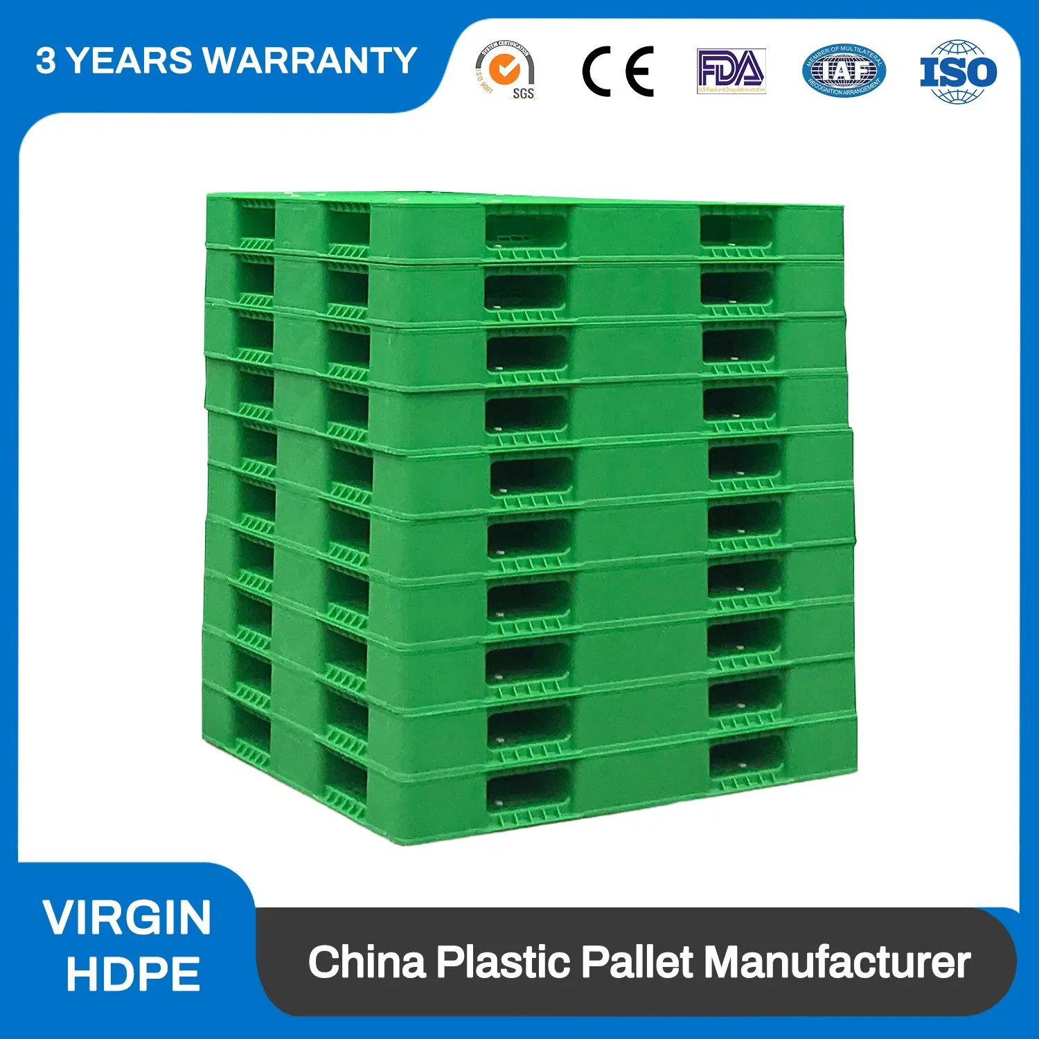 1200*1200mm Heavy Duty Food Grade Hygienic Flat Surface 3 Skids Plastic Pallet for Pharmaceutical Industry