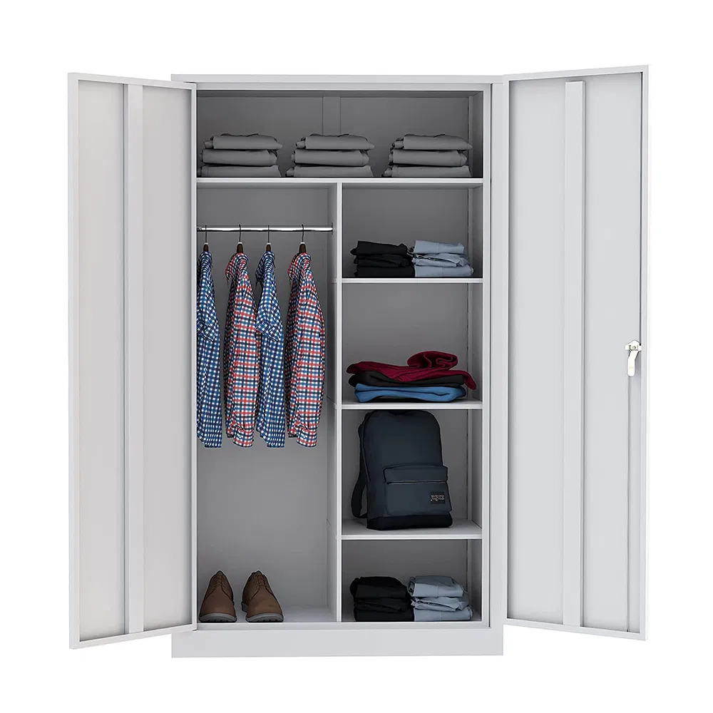 Commercial 2 Door Steel Wardrobe Knock Down Metal Cabinet Clothes Locker Metal Cabinet Utility Furniture Steel Storage Broom Cabinet