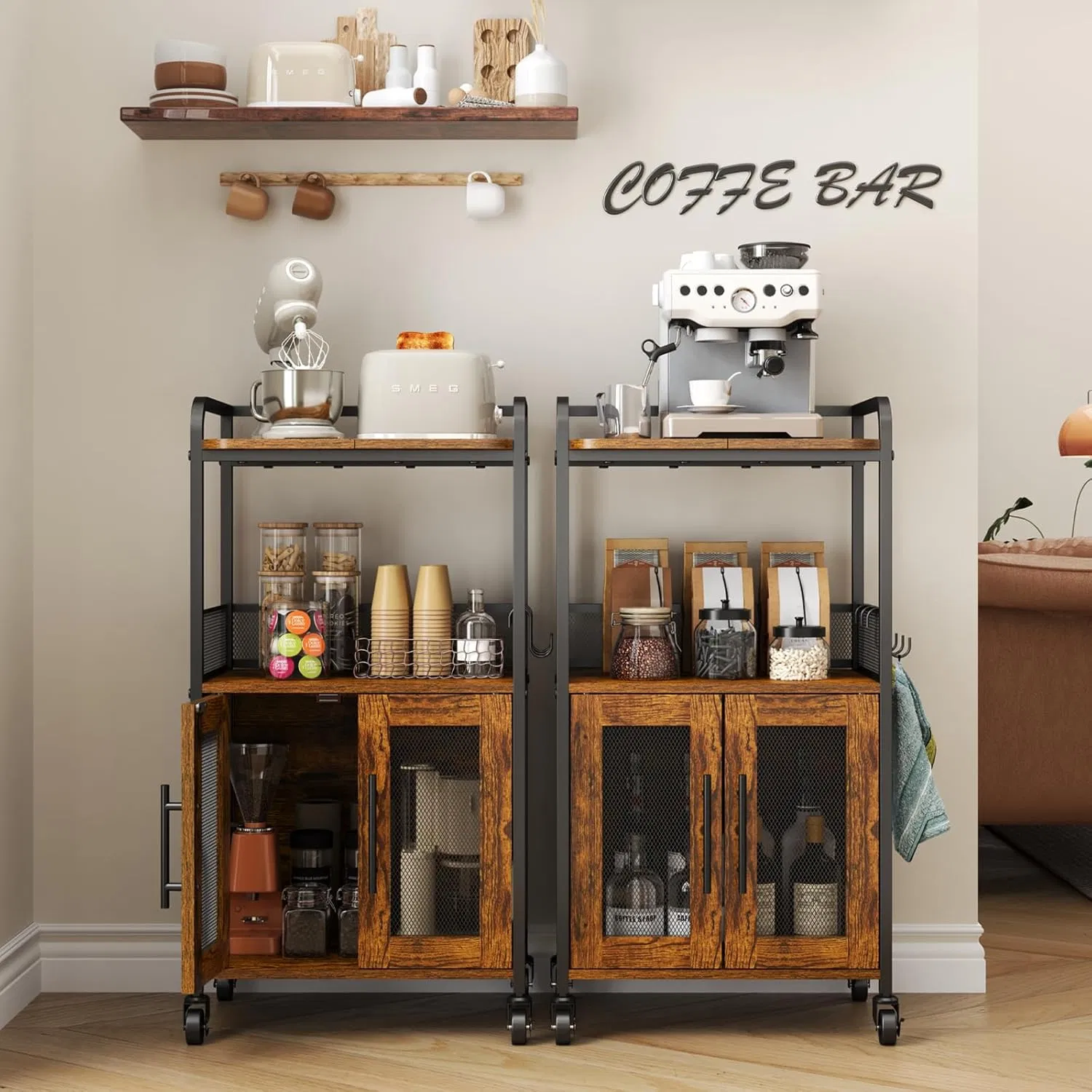 Mobile Multi-Tier Storage Rack with Metal Frame, Wood Shelves &amp; Mesh Door