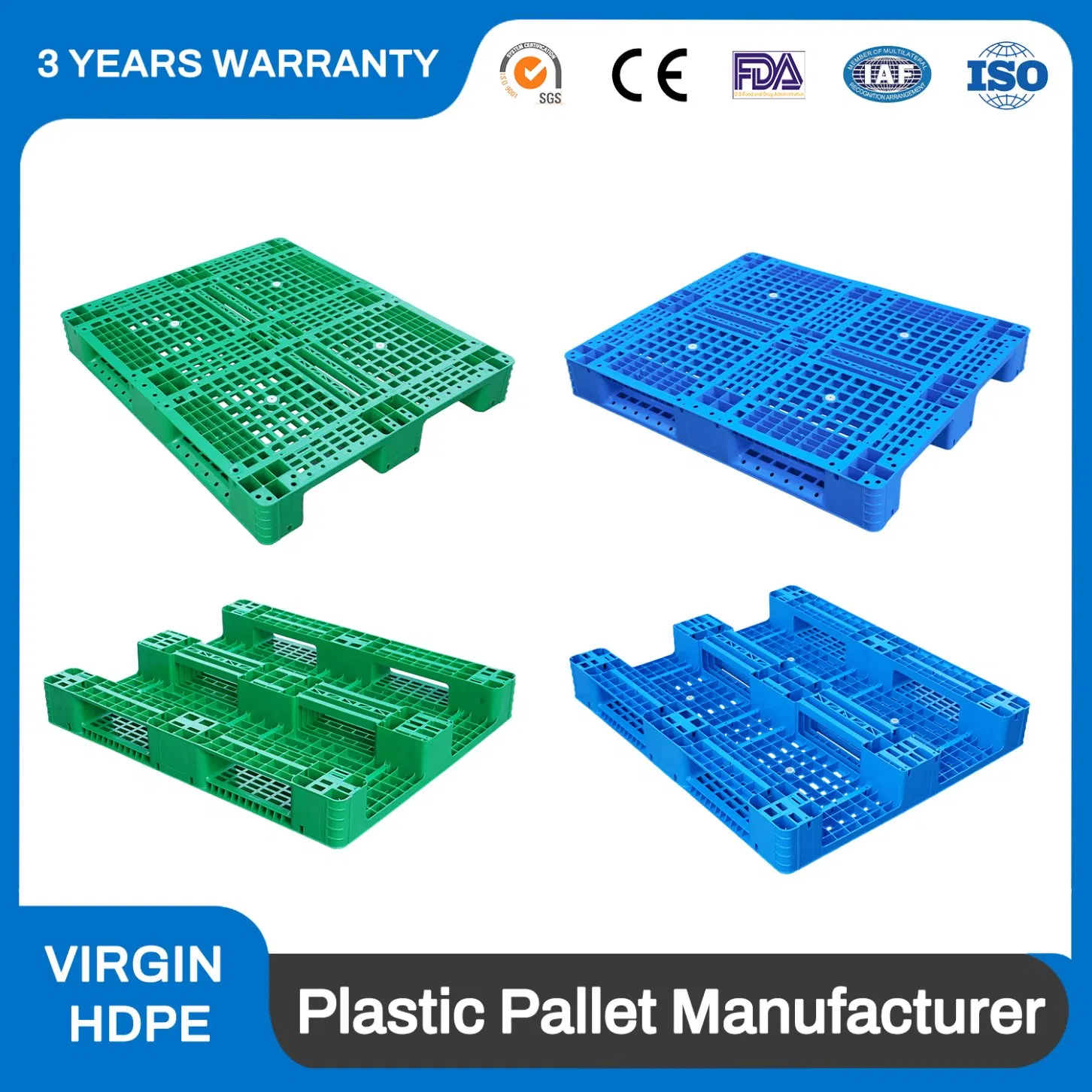 HDPE Heavy Duty 3 Runners Four-Way Entry Reusable Rackable Hygienic Solid Deck Steel Reinforced Single Face Hygienic Plastic Pallet with Metal Reinforced