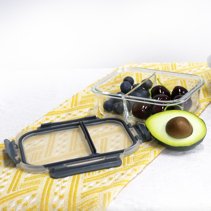 580ml Stackable Full Divider High Borosilicate Glass Container with Leakproof Lid, Freezer Safe, Bulk Supply, Glass Partition Lunch Box for Food Storage