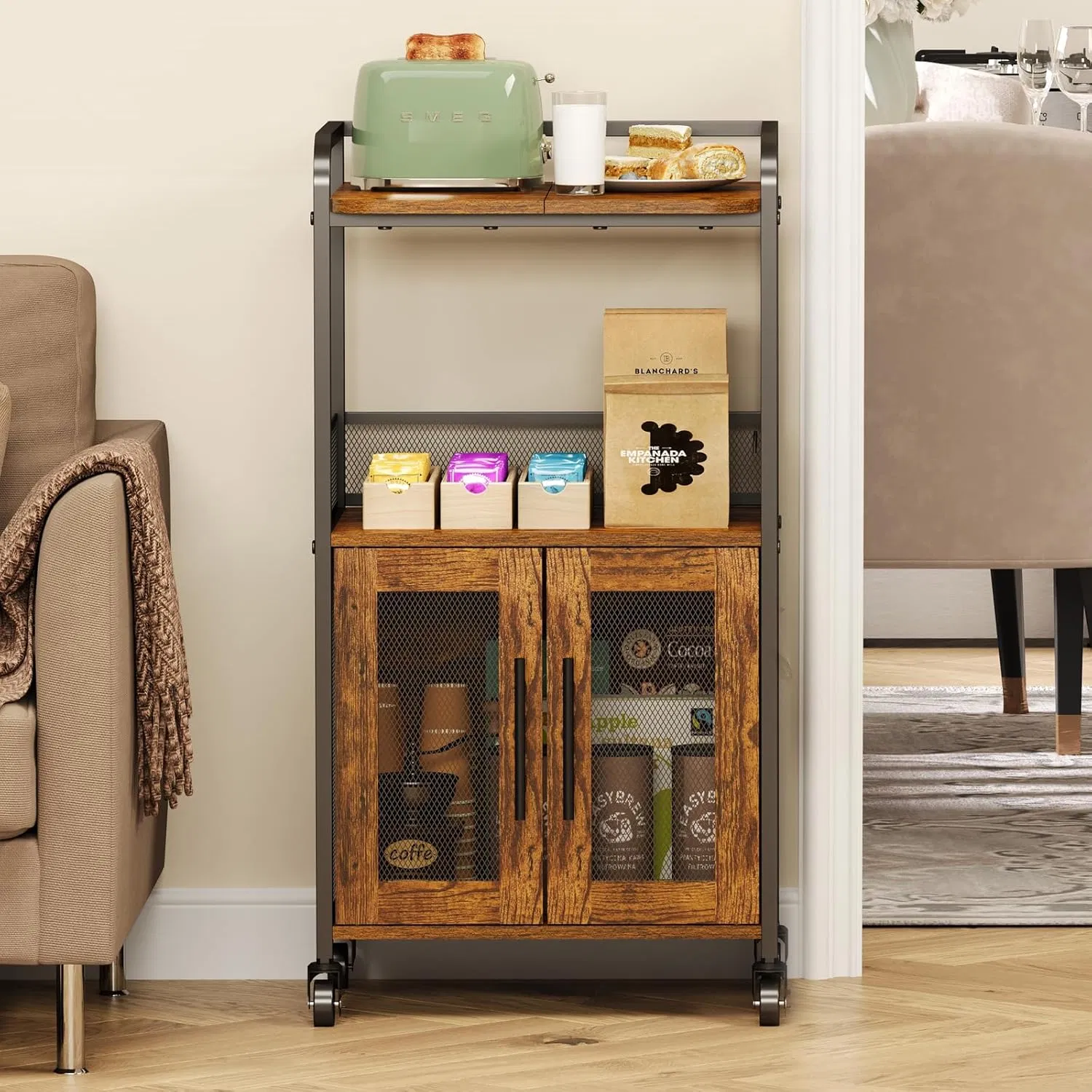 Mobile Multi-Tier Storage Rack with Metal Frame, Wood Shelves &amp; Mesh Door