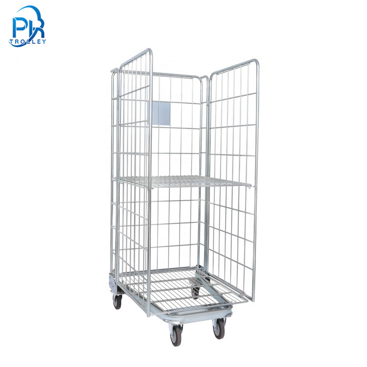 Warehouse 3 Sided Logistics Detachable Foldable Industrial Laundry Transport Wire Metal Rolling Trolly Cages for Storage