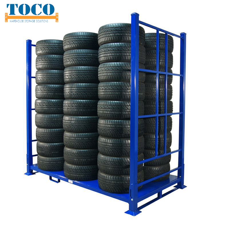 High Quality Powder Coated Heavy Duty Building Materials Foldable Steel Metal Stacking Tyre Stillage with Wheels