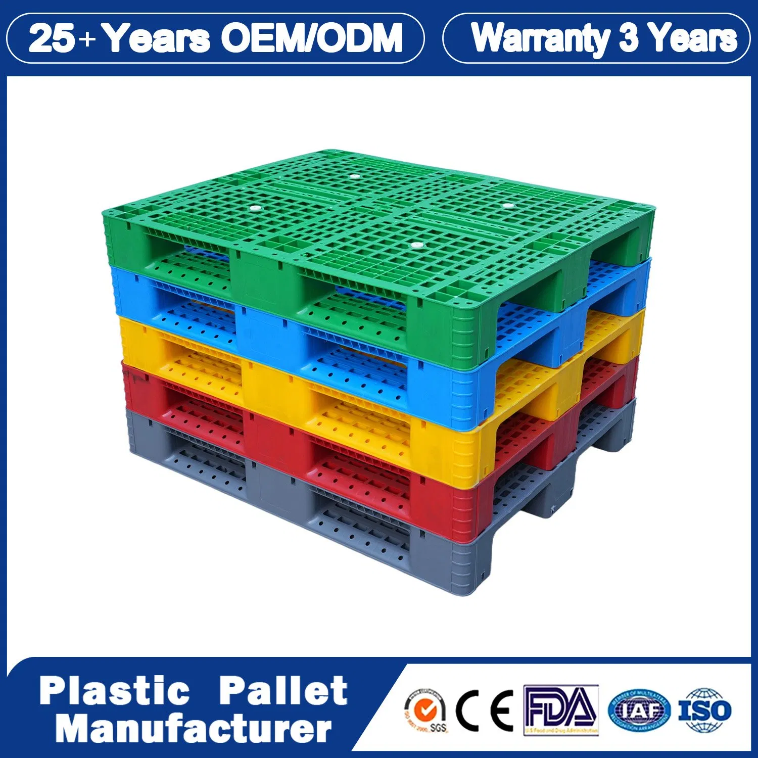 1200X1000X150mm/1100X1100mm/1200X800mm/1200X1200mm 15kg 3 Skids 4 Ways Hygiene HDPE Heavy Duty Warehouse Storage Auto Racking Plastic Pallet for Goods Turnover