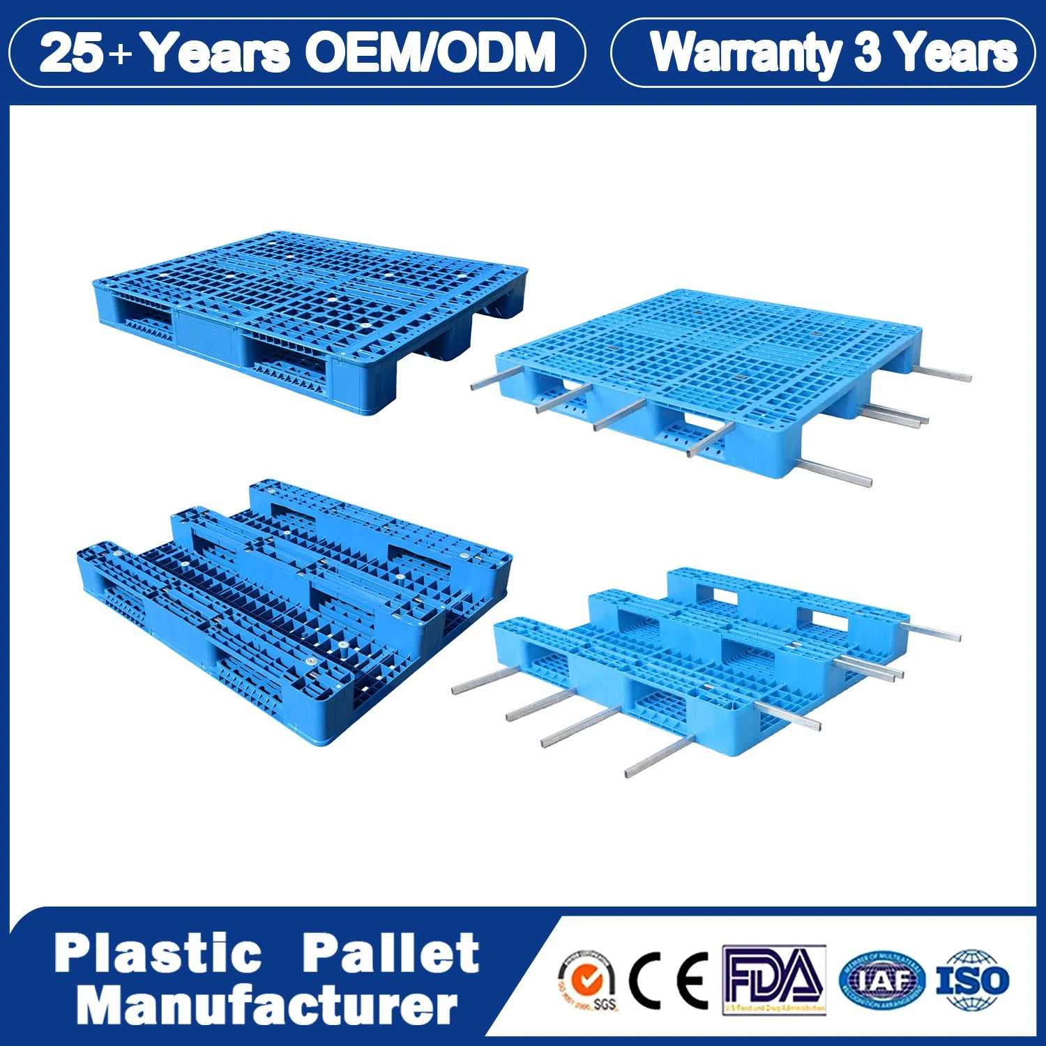 1200X1000X150mm/1100X1100mm/1200X800mm/1200X1200mm 15kg 3 Skids 4 Ways Hygiene HDPE Heavy Duty Warehouse Storage Auto Racking Plastic Pallet for Goods Turnover