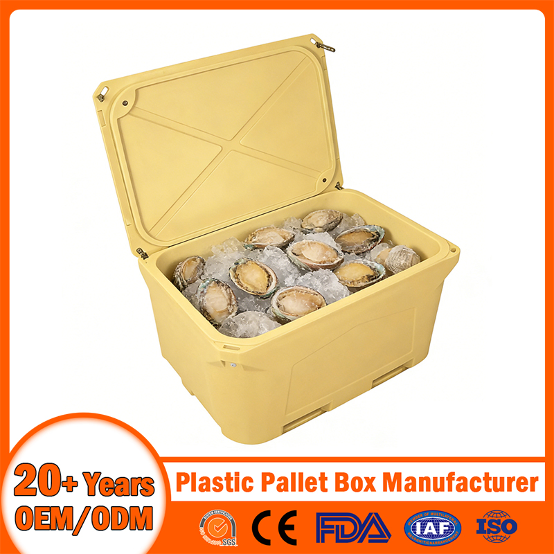 111X91X60cm/1200*1000*760mm/123X103X44cm/660L/1000L Plastic Pallet Insulated Fish Container with Drainage Outlet/Rubbler Lock/Stackable Lid/Wheel/Water Outlet
