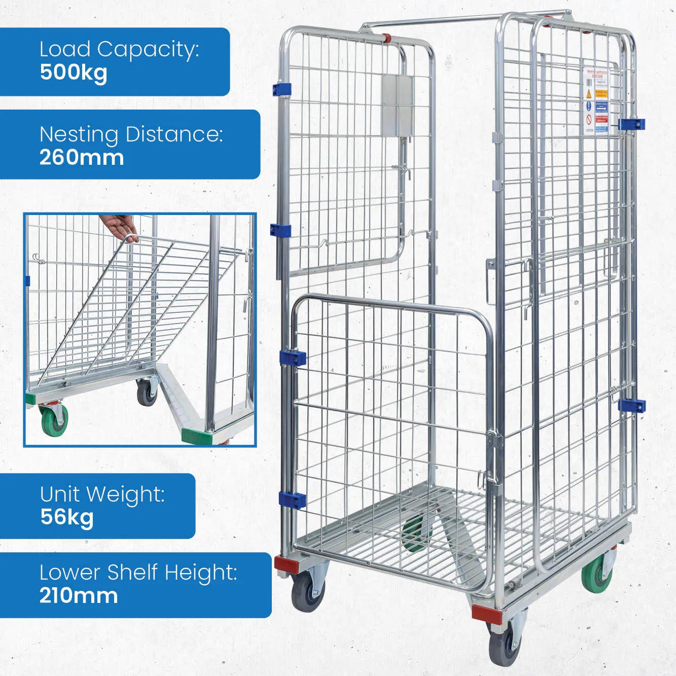 4 Sided Galvanized Storage Wire Mesh Roll Cage Trolley