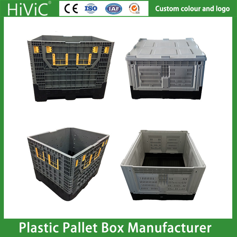 Agricultural Plastic Pallet Collapsible Rigid Bulk Durable Stackable Euro Foldable Stackable Storage Mesh Insulated Fish Sleeve Container Bin with Lid