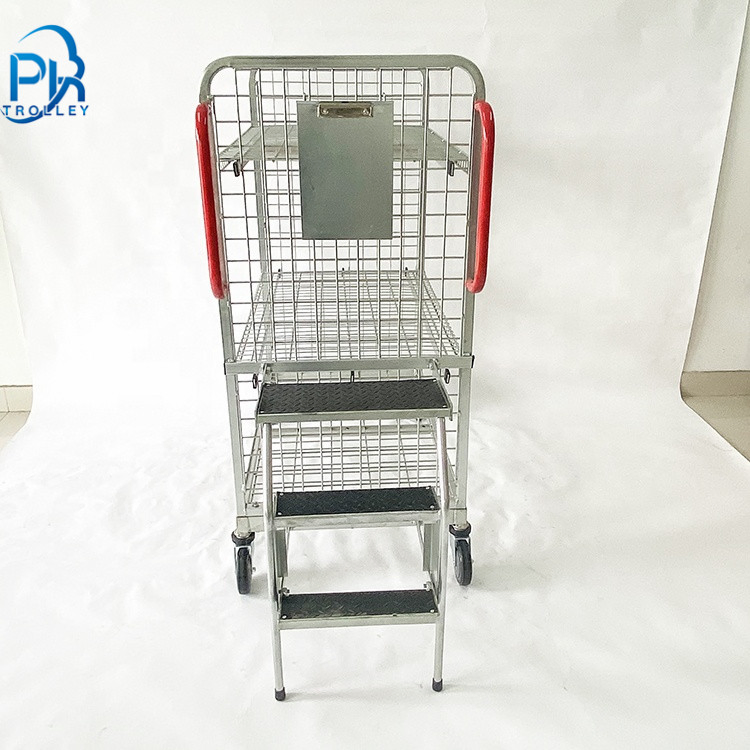 Warehouse Trolley Logistics Store Steel Mesh Multi-Tier Order Picking Trolley with Steps and Ladder