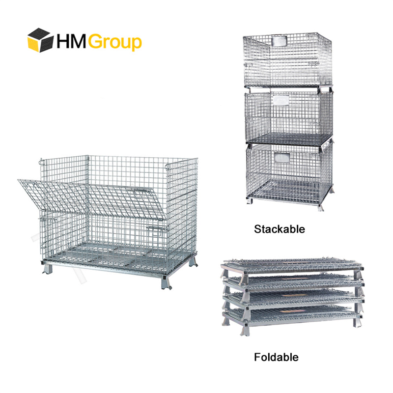 Customized Warehouse Storage Stackable Foldable Pallet Cage Wire Mesh Baskets
