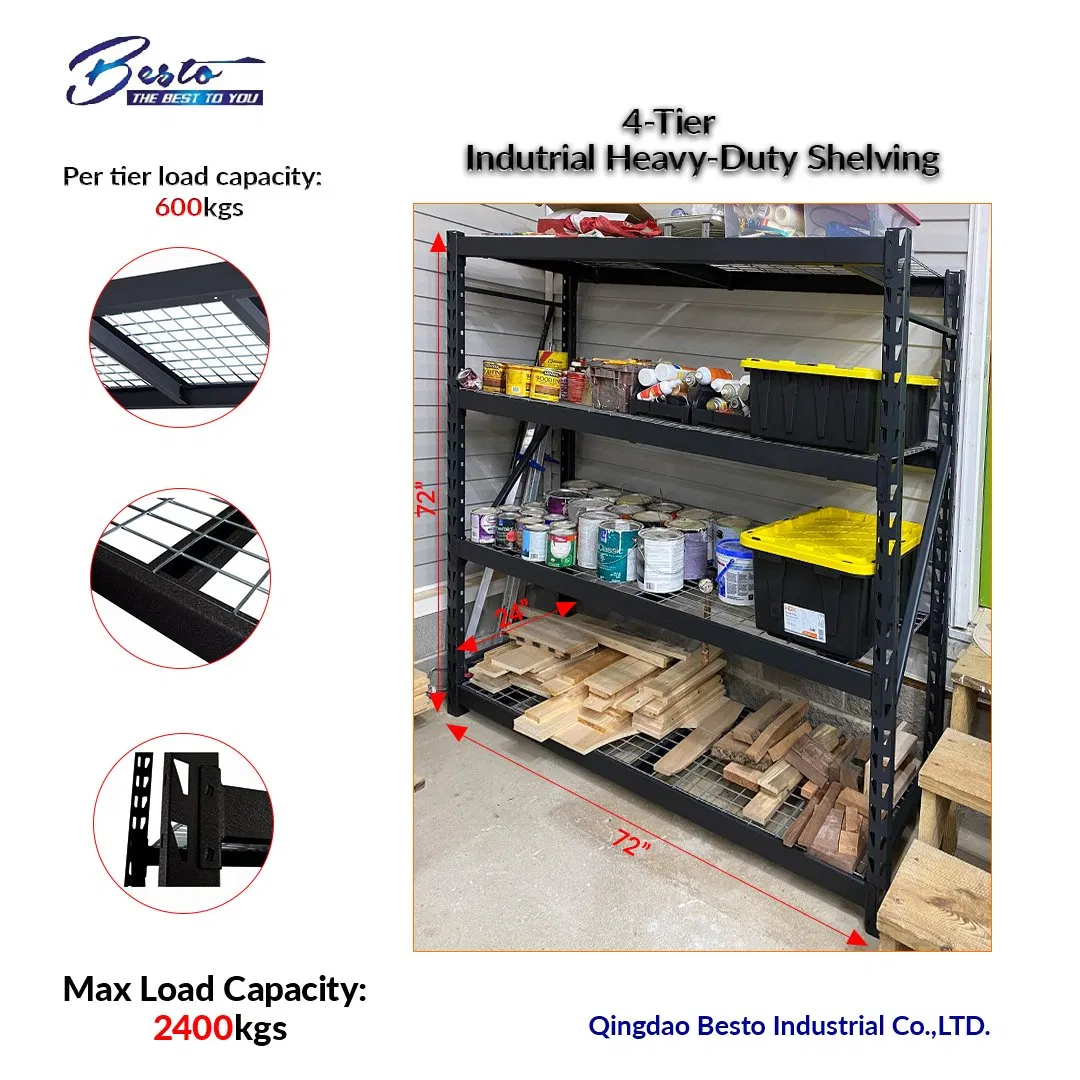 Custom Heavy Duty Shelving 300 Kg Layer Garage Black 4 Tier Warehouse Storage Metal Stacking Shelf Rack Unit for Warehouse