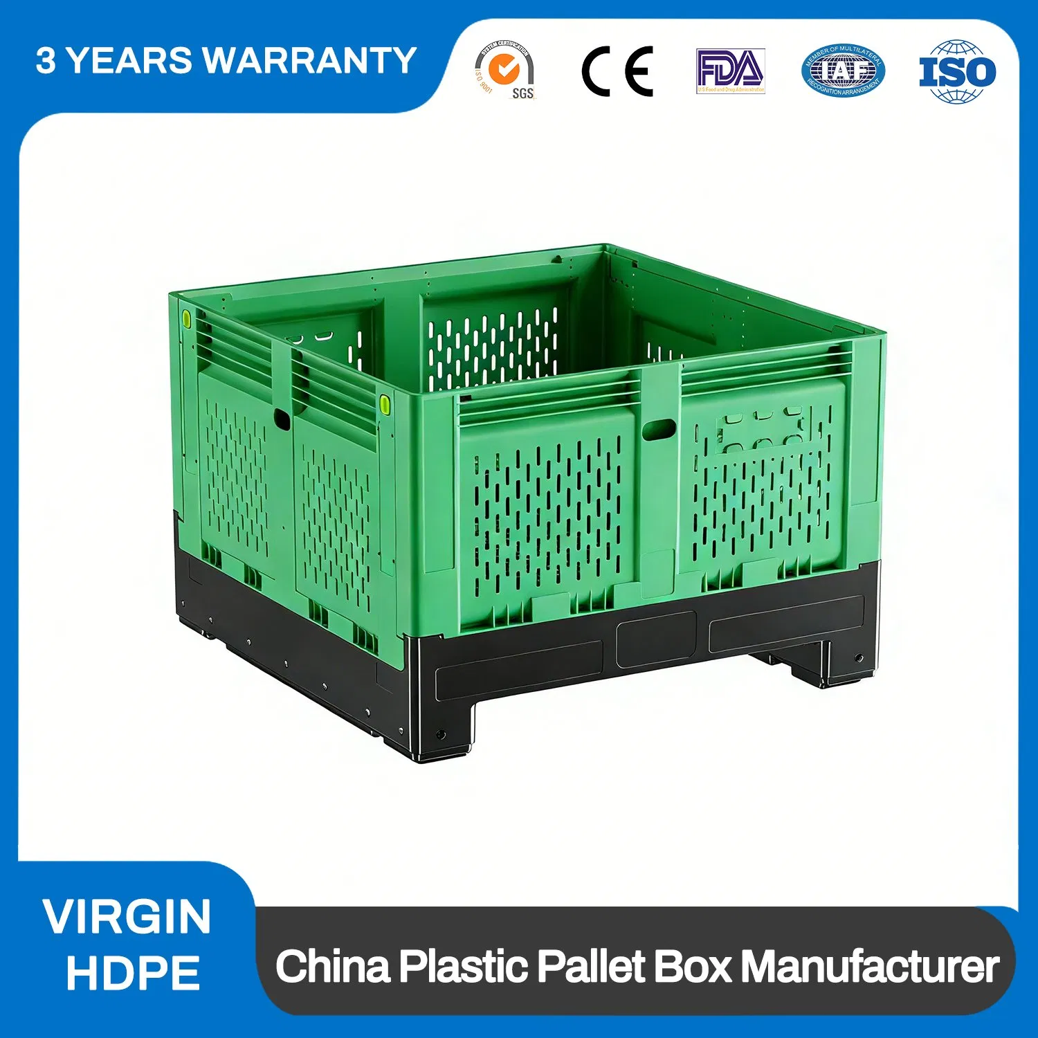 Large Bulk Heavy Duty Large Stackable Folding Collapsible Bulk Plastic Pallet Foldable Large Box/Bin Container for Storage