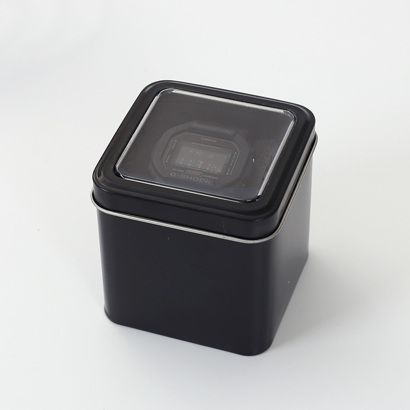 Custom Transparent Window Tin Can Simplicity Iron Black Packaging Box for Watch
