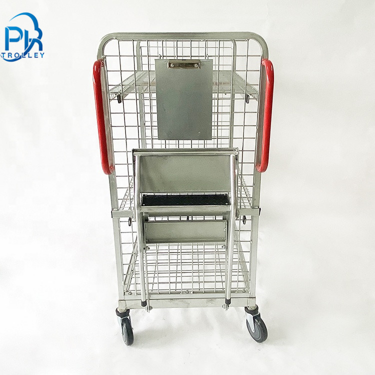 Warehouse Mesh Multi-Tier Order Picking Trolley with Steps and Ladder