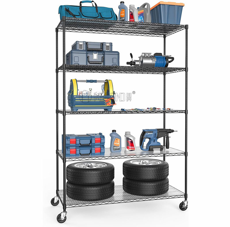 Heavy Duty Powder Coated Steel Industrial Wire Shelving System 5 Tiers Garage Metal Racking Unit on Wheels