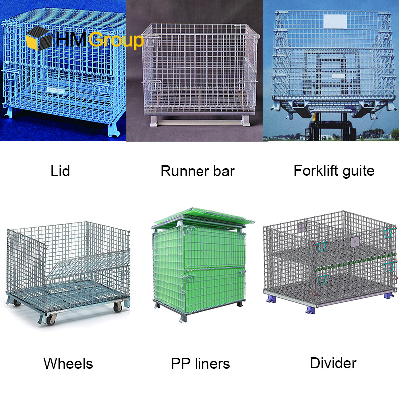 Customized Warehouse Storage Stackable Foldable Pallet Cage Wire Mesh Baskets