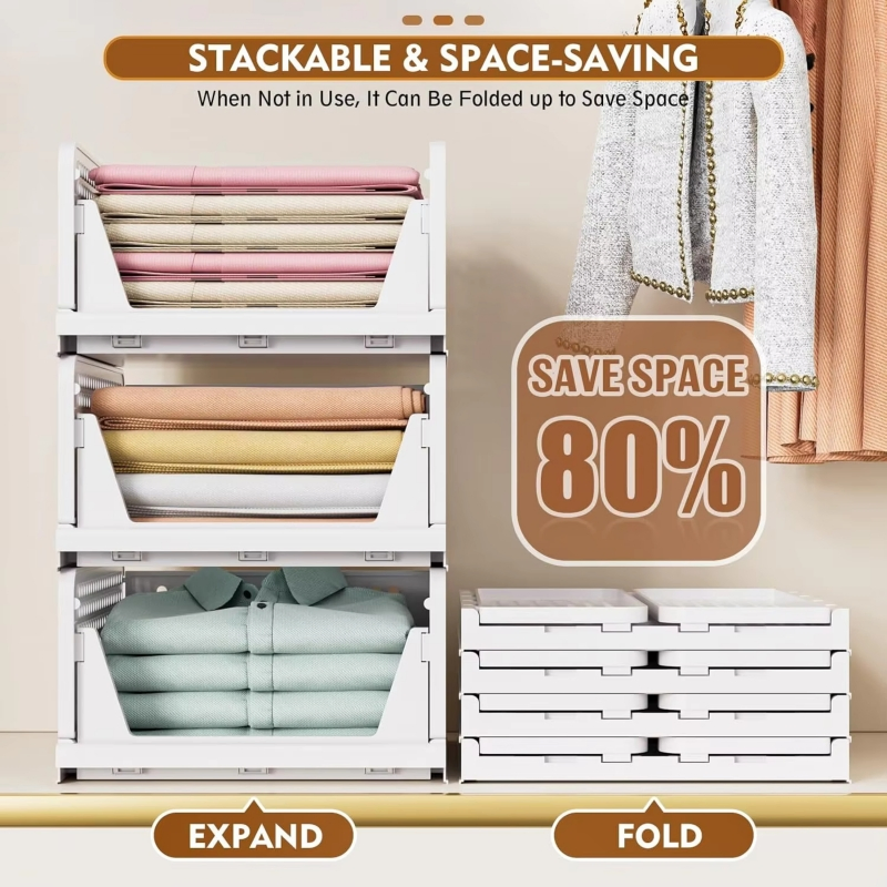 Stackable Plastic Storage Basket Folding Closet Organizers Drawer Shelf Storage Container for Wardrobe Cupboard